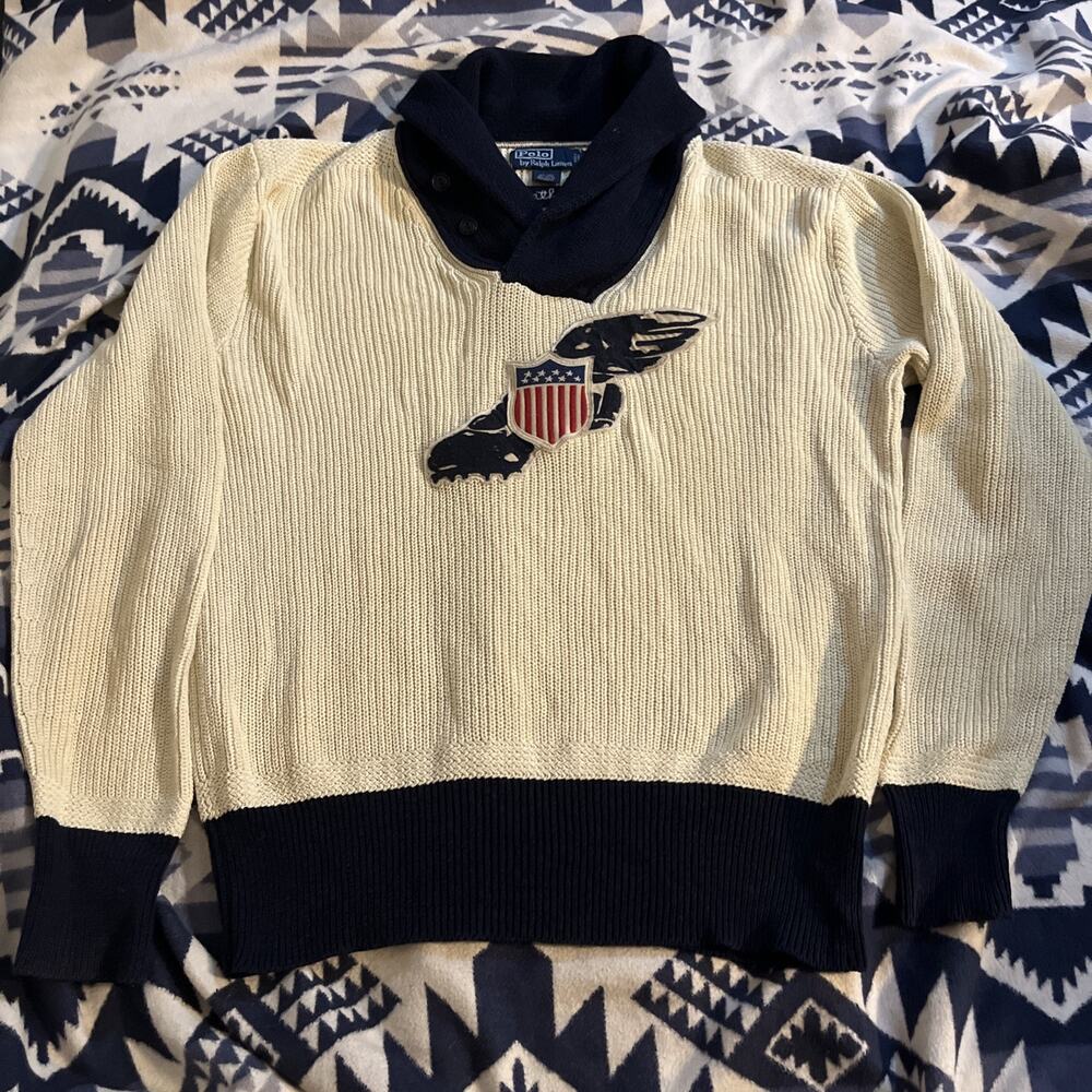 vintage polo ralph lauren 2009 Appliquéd Shawl Sweater L p wing k swiss rare